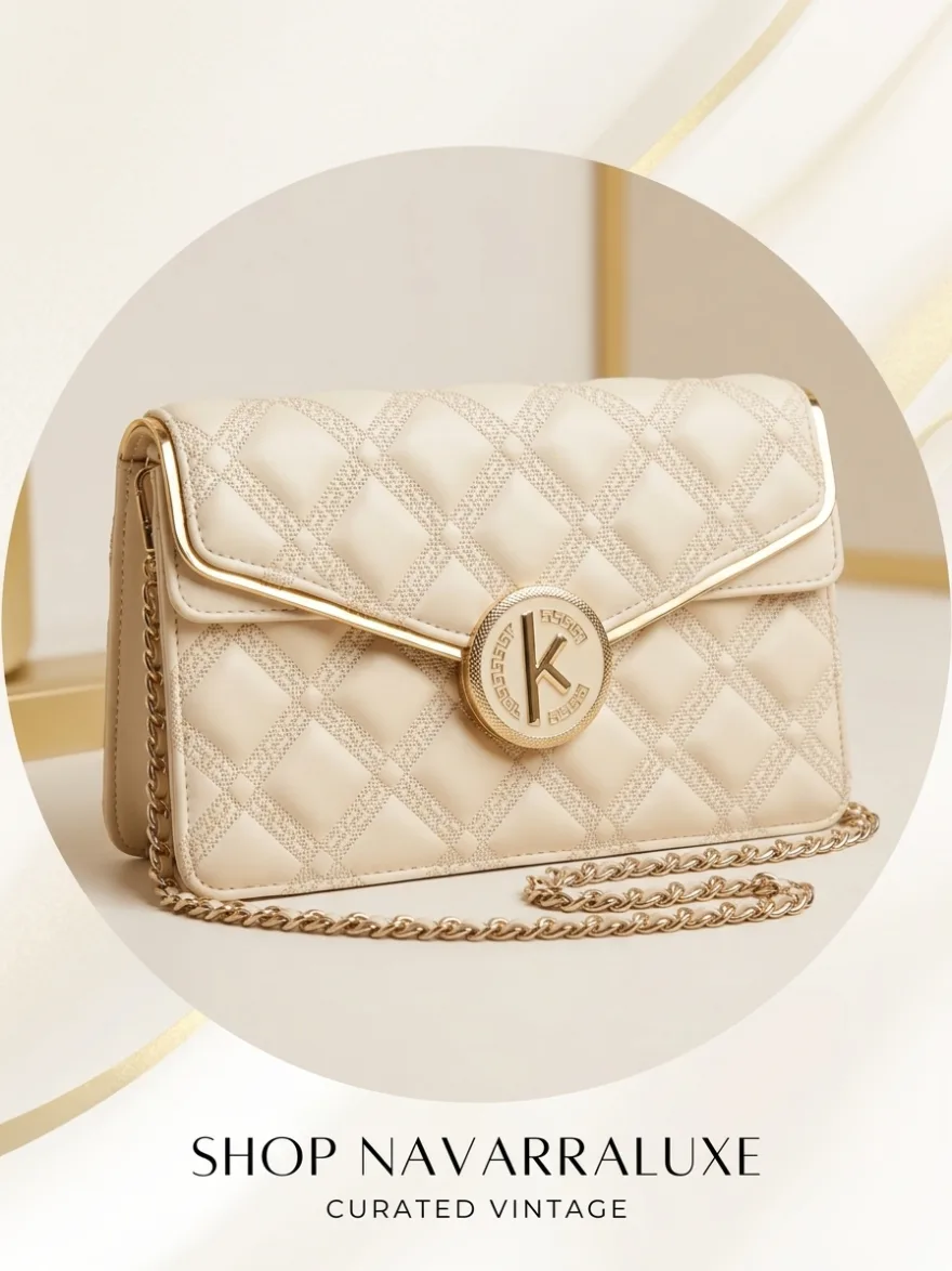 A cream quilted chain bag with a gold medallion clasp — the Navarraluxe house piece.